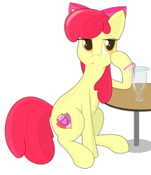 Size: 3680x4261 | Tagged: safe, artist:modera, apple bloom, earth pony, pony, g4, ambiguous age, empty glass, hoof on cheek, simple background, sitting, solo, straw, the cmc's cutie marks, transparent background
