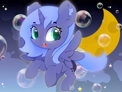 Size: 4000x3000 | Tagged: safe, artist:zokkili, princess luna, alicorn, pony, g4, beanbrows, bubble, cute, ear fluff, eyebrows, eyebrows visible through hair, female, filly, foal, high res, horn, looking at you, lunabetes, moon, open mouth, open smile, signature, smiling, smiling at you, solo, spread wings, stars, wings, woona, younger