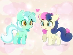 Size: 4000x3000 | Tagged: safe, artist:zokkili, bon bon, lyra heartstrings, sweetie drops, earth pony, pony, unicorn, g4, adorabon, beanbrows, chibi, cute, duo, duo female, ear fluff, eyebrows, eyebrows visible through hair, female, heart, heart eyes, high res, horn, lesbian, looking at each other, looking at someone, lyrabetes, mare, open mouth, open smile, raised hoof, ship:lyrabon, shipping, signature, smiling, wingding eyes