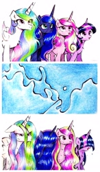 Size: 2296x3929 | Tagged: safe, artist:liaaqila, princess cadance, princess celestia, princess luna, twilight sparkle, alicorn, pony, g4, 3 panel comic, alicorn tetrarchy, amazed, awe, bangs, celestia is not amused, comic, commission, eye clipping through hair, female, floppy ears, folded wings, frown, group, hair over eyes, high res, horn, looking at something, looking up, luna is not amused, mare, open mouth, quartet, royal sisters, siblings, signature, sisters, traditional art, twilight sparkle (alicorn), unamused, water, wave, wet, wet mane, wings