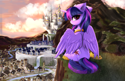 Size: 4893x3154 | Tagged: safe, artist:empress-twilight, twilight sparkle, alicorn, pony, g4, canterlot, canterlot castle, cloud, cloudy, crown, detailed background, eyebrows, eyebrows visible through hair, featured image, female, grass, high res, hoof shoes, horn, house, houses, jewelry, looking at you, looking back, looking back at you, mare, mountain, partially open wings, peytral, regalia, river, scenery, scenery porn, sitting, sky, solo, turned head, twilight sparkle (alicorn), water, waterfall, wings