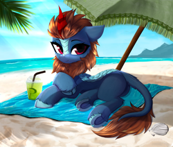 Size: 3340x2826 | Tagged: safe, artist:empress-twilight, oc, oc only, kirin, beach, beach umbrella, butt, cloven hooves, commission, drink, eyebrows, female, high res, kirin oc, looking at you, lying down, outdoors, plot, seashell, shell, sky, smiling, smiling at you, solo, umbrella, underhoof, unshorn fetlocks, water, ych result