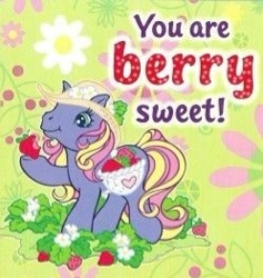 Size: 249x263 | Tagged: safe, bumbleberry, earth pony, pony, g3, official, basket, berry, card, eating, flower, food, hat, herbivore, saddle basket, solo, strawberry, sun hat, valentine's day card