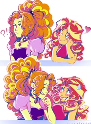 Size: 1482x2000 | Tagged: safe, artist:drizzledazzle, derpibooru exclusive, adagio dazzle, sunset shimmer, human, equestria girls, g4, 2 panel comic, blushing, comic, crush, female, flirting, floating heart, heart, lesbian, ship:sunsagio, shipping, simple background, sweat, sweatdrop, white background