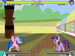 Size: 1080x810 | Tagged: safe, artist:tom artista, firefly, rainbow dash, twilight sparkle, pegasus, pony, unicorn, fighting is magic, g1, g4, duo, fan game, female, mare, palette swap, ponyville, recolor, train, train station