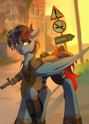 Size: 1828x2560 | Tagged: safe, artist:chamommile, oc, oc only, oc:dawn chaser, original species, pegasus, pony, fallout equestria, ammunition, armor, blue skin, body armor, boots, brown eyes, cigarette, clothes, commission, fallout, full body, gun, jacket, knee pads, looking back, m1a, male, one leg raised, pegasus oc, pointer, rifle, shoes, smoking, solo, stallion, stallion oc, street sign, sunset, tail, two toned mane, two toned tail, uniform, walking, weapon, wings, ych result