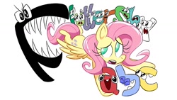 Size: 1280x720 | Tagged: safe, artist:vannamelon, fluttershy, ghost, pegasus, pony, snake, undead, g4, a, alphabet lore, c, crossover, e, female, flying, h, l (letter), lowercase, male, mare, r, s, sharp teeth, simple background, t, teeth, u, white background, wings, y, younger, 🅱