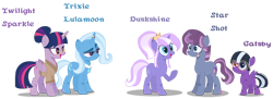 Size: 1668x604 | Tagged: safe, artist:katz-cradle, trixie, twilight sparkle, alicorn, pony, unicorn, g4, bandaid, base used, female, glasses, horn, horn ring, lesbian, magical lesbian spawn, offspring, parent:trixie, parent:twilight sparkle, parents:twixie, ring, ship:twixie, shipping, simple background, starry eyes, transparent background, twilight sparkle (alicorn), wingding eyes