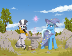 Size: 2173x1701 | Tagged: safe, artist:eriada, trixie, zecora, pony, unicorn, zebra, g4, alternate hairstyle, bottle, cape, clothes, day, duo, ear piercing, earring, glassware, glowing, glowing horn, hat, hoof on chin, horn, jewelry, levitation, looking at something, looking up, magic, outdoors, piercing, rock, stone, telekinesis, trixie's cape, trixie's hat