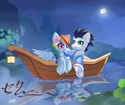 Size: 2004x1673 | Tagged: safe, artist:celedash, rainbow dash, soarin', pegasus, pony, g4, blushing, boat, chinese dress, clothes, colt, dress, ear fluff, female, foal, holiday, lantern, looking at each other, looking at someone, male, mare, moon, night, qixi, reflection, river, romantic, ship:soarindash, shipping, stallion, straight, valentine's day, water