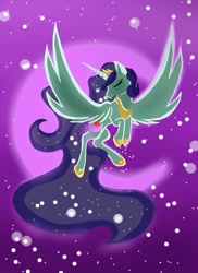 Size: 735x1010 | Tagged: safe, oc, oc only, oc:princess moonlove, alicorn, pony, alicorn oc, crescent moon, eyes closed, female, flying, hoof shoes, horn, jewelry, mare, moon, night, night sky, peytral, princess shoes, purple background, simple background, sky, solo, spread wings, starry night, stars, tiara, wings