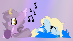 Size: 8450x4750 | Tagged: safe, artist:moonydusk, oc, oc:azure opus, oc:nebula eclipse, bat pony, pegasus, pony, blind, chillaxing, crossed hooves, cute, ear fluff, ear piercing, eyes closed, folded wings, happy, listening to music, lying down, music notes, piercing, sitting, tail, two toned mane, two toned tail, wings