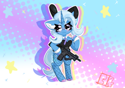 Size: 4095x2905 | Tagged: safe, artist:jubyskylines, trixie, unicorn, semi-anthro, g4, :3, ar-15, arm hooves, assault rifle, blushing, bunny suit, chest fluff, clothes, colored ear fluff, colored hooves, ear fluff, female, fishnet pantyhose, gun, hera cqr, necktie, rifle, smiling, solo, weapon