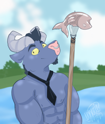 Size: 1280x1508 | Tagged: safe, artist:ezzerie, iron will, fish, minotaur, g4, muscles, solo, spearfishing, water