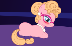 Size: 3343x2172 | Tagged: safe, artist:badumsquish, derpibooru exclusive, phyllis cloverleaf, earth pony, pony, g4, g5, adoraphyllis, blushing, cute, draw me like one of your french girls, ear piercing, earring, female, flirting, g5 to g4, generation leap, glasses, high res, jewelry, looking at you, looking back, lying down, mare, milf, necklace, on side, pearl necklace, piercing, raised eyebrows, smiling, solo, tail, tail wrap