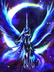 Size: 1500x2000 | Tagged: safe, artist:kreativpony, princess luna, alicorn, pony, g4, beautiful, crown, ethereal mane, ethereal tail, female, glowing, glowing horn, hoof shoes, horn, jewelry, large wings, long horn, long mane, mare, moon, peytral, princess shoes, regalia, signature, solo, spread wings, starry mane, starry tail, sternocleidomastoid, tail, wings
