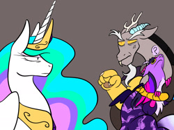 Size: 2048x1536 | Tagged: safe, artist:violet-rose, discord, princess celestia, twilight sparkle, alicorn, draconequus, pony, g4, alternate universe, celestia is not amused, crown, draconequified, eyes closed, female, gray background, implied discolight, implied twicord, jewelry, male, obsessed, question mark, regalia, ship:discolight, shipping, simple background, snaggletooth, species swap, straight, twikonequus, twilight sparkle (alicorn), unamused