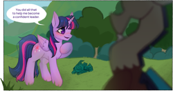 Size: 2951x1558 | Tagged: safe, artist:daffolyn, part of a set, discord, twilight sparkle, alicorn, pony, comic:discordant intentions, comic:discordant intentions (version 1), g4, the ending of the end, bell, blushing, comic, commissioner:zcord, duo, grass, grogar's bell, high res, hoof on chest, offscreen character, outdoors, part of a series, shipping fuel, story included, twilight day, twilight sparkle (alicorn)