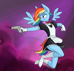 Size: 2220x2130 | Tagged: safe, alternate version, artist:moonatik, rainbow dash, pegasus, anthro, unguligrade anthro, g4, abstract background, alternate hairstyle, apron, bowtie, clothes, female, floating wings, gloves, gun, handgun, high res, m1911, maid, mare, pistol, ponytail, rainbow maid, smoke, socks, solo, wings