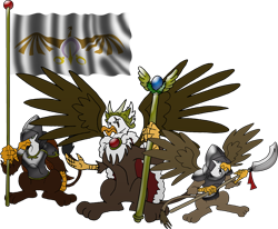 Size: 1400x1151 | Tagged: safe, artist:unoservix, oc, oc only, oc:emperor ironclaw, griffon, armor, crown, eye scar, facial scar, flag, griffon oc, helmet, jewelry, regalia, scar, scepter, simple background, spear, spread wings, transparent background, trio, weapon, wings