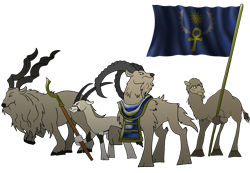Size: 1442x999 | Tagged: safe, artist:unoservix, oc, oc only, camel, goat, original species, oryx, cloven hooves, dromedary, flag, group, hoof hold, ibex, markhor, non-pony oc, quartet, simple background, spear, transparent background, weapon