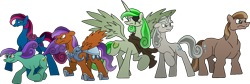 Size: 1788x602 | Tagged: safe, artist:unoservix, oc, oc only, oc:prince emerald, alicorn, crystal pony, earth pony, pegasus, pony, unicorn, alicorn oc, armor, clothes, crystal guard, crystal guard armor, eyepatch, female, hoof shoes, horn, male, mare, raised hoof, scarf, simple background, stallion, transparent background, wings