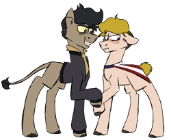 Size: 1100x900 | Tagged: safe, artist:fuckomcfuck, oc, oc only, oc:pog champ, oc:stars and stripes, earth pony, pony, blushing, cape, clothes, embarrassed, fangs, flustered, gay, hoodie, jacket, male, oc x oc, shipping, simple background, smug, transparent background