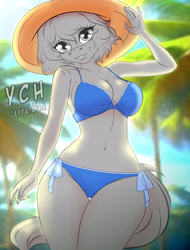 Size: 3000x3950 | Tagged: safe, artist:jerraldina, pony, anthro, beach, belly button, bikini, blue bikini, blue swimsuit, blurry background, breasts, cleavage, clothes, commission, female, hat, high res, legs together, outdoors, side-tie bikini, standing, summer, swimsuit, tree, your character here