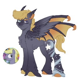 Size: 1000x1000 | Tagged: safe, artist:kazmuun, stormfeather, bat pony, pony, series:kazmuun's drawing every pony, g4, alternate design, bat ponified, cascading cutie mark, cheek fluff, chest fluff, chin fluff, claws, colored pinnae, colored wings, colored wingtips, concave belly, cute, cute little fangs, ear fluff, ear tufts, eyebrow slit, eyebrows, eyebrows visible through hair, fangs, fetlock tuft, fluffy, gradient ears, gradient legs, gradient wings, hoof fluff, hooves, hybrid wings, leg fluff, looking at you, mismatched hooves, multicolored eyebrows, multicolored wings, partially open wings, race swap, redesign, screencap reference, simple background, slit pupils, solo, spread wings, standing, stormbat, transparent background, unshorn fetlocks, wing claws, wings