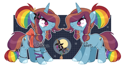 Size: 3328x1764 | Tagged: safe, artist:dixieadopts, oc, oc only, oc:rainbow myth, pony, unicorn, bracelet, clothes, colored eartips, colored hooves, facial scar, female, grid, hoof polish, horn, jewelry, kimono (clothing), leg scar, looking up, mare, pink eyes, ponytail, scar, shuriken, simple background, smiling, solo, standing, stars, transparent background, unicorn oc