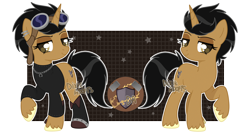 Size: 3328x1764 | Tagged: safe, artist:dixieadopts, oc, oc only, oc:iron will, pony, unicorn, boots, brown eyes, clothes, colored hooves, ear piercing, earring, eyebrows, female, goggles, grid, horn, jewelry, lidded eyes, mare, necklace, piercing, raised eyebrow, raised hoof, shirt, shoes, simple background, smiling, solo, standing, stars, transparent background, unicorn oc, unshorn fetlocks