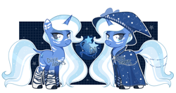 Size: 3328x1764 | Tagged: safe, artist:dixieadopts, oc, oc only, oc:blue wish, hybrid, zony, blue eyes, body markings, cape, cloak, clothes, cloven hooves, colored eartips, colored hooves, ear piercing, earring, eyeshadow, facial markings, female, gradient legs, hat, jewelry, leonine tail, lidded eyes, looking at you, magical lesbian spawn, makeup, offspring, parent:trixie, parent:zecora, piercing, simple background, smiling, solo, sparkly mane, sparkly tail, standing, stars, stripes, tail, tail jewelry, transparent background, witch hat, wizard hat, zebra hybrid