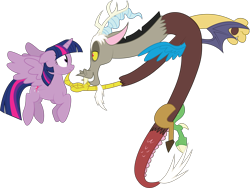 Size: 2745x2064 | Tagged: safe, artist:prixy05, discord, twilight sparkle, alicorn, draconequus, pony, g4, discord being discord, duo, duo male and female, eye contact, female, finger on chin, flying, frown, grin, high res, looking at each other, looking at someone, male, mare, mismatched wings, simple background, smiling, spread wings, surprised, transparent background, twilight sparkle (alicorn), vector, wings