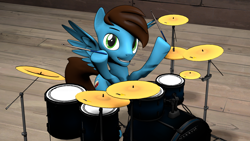 Size: 1920x1080 | Tagged: safe, oc, oc only, oc:drumstick pony, pegasus, pony, 3d, drum kit, drums, drumsticks, hoof hold, male, musical instrument, sitting, solo, source filmmaker, stallion