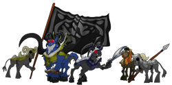 Size: 2015x1001 | Tagged: safe, artist:unoservix, bray, grogar (g1), donkey, sheep, g1, g4, antagonist, armor, bell, cape, clothes, cloven hooves, flag, four horns, g1 to g4, generation leap, glowing, glowing eyes, grogar's bell, helmet, hidden eyes, hoof hold, horn, male, multiple horns, ram, red eyes, simple background, spear, sword, tambelon, transparent background, weapon