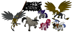 Size: 1954x875 | Tagged: safe, artist:unoservix, oc, oc only, bald eagle, bat pony, bird, eagle, griffon, pegasus, pony, armor, clothes, eye scar, facial scar, female, flag, flying, hoof shoes, jolly roger, male, mare, pirate, royal guard armor, scar, scarf, simple background, stallion, sword, transparent background, weapon