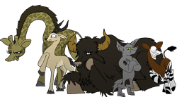 Size: 1428x790 | Tagged: safe, artist:unoservix, oc, oc only, antelope, diamond dog, giraffe, okapi, yak, cloven hooves, crossed arms, group, head down, hoof on cheek, lying down, quintet, raised hoof, simple background, transparent background