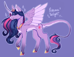 Size: 2123x1651 | Tagged: safe, artist:venobatss, twilight sparkle, alicorn, pony, g4, the last problem, colored wings, concave belly, crown, curved horn, ethereal mane, female, frown, hoof shoes, horn, jewelry, leonine tail, mare, older, older twilight, pale belly, peytral, princess shoes, princess twilight 2.0, purple background, raised hoof, regalia, simple background, slim, solo, starry mane, starry tail, sternocleidomastoid, tail, thin, tiara, twilight sparkle (alicorn), two toned wings, wings