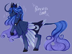 Size: 2082x1577 | Tagged: safe, artist:venobatss, princess luna, alicorn, pony, g4, colored wings, crown, curved horn, ethereal mane, female, hoof shoes, horn, jewelry, mare, peytral, princess shoes, purple background, raised hoof, regalia, simple background, solo, starry mane, starry tail, sternocleidomastoid, tail, two toned wings, wings