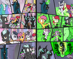 Size: 3800x3100 | Tagged: safe, artist:loverashley, apple bloom, princess celestia, queen chrysalis, rumble, scootaloo, spike, sweetie belle, thunderlane, changeling, changeling queen, dragon, earth pony, pegasus, pony, unicorn, a canterlot wedding, g4, bad end, bloomling, changeling dragon, changeling slime, changelingified, clothes, cocoon, comic, cutie mark crusaders, dress, evil, female, filly, flower, flower filly, flower girl, flower girl dress, flower in hair, foal, glowing, glowing horn, helmet, high res, horn, male, mare, nightmare fuel, scared, scootaling, species swap, stallion, sweetiling, transformation, transformation sequence, victorious villain, woobie