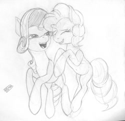 Size: 1055x1020 | Tagged: safe, artist:styroponyworks, pinkie pie, rarity, earth pony, pony, unicorn, g4, eyes closed, looking at someone, monochrome, open mouth, sketch, smiling, traditional art