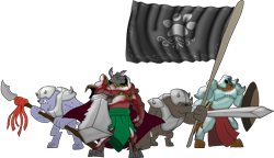 Size: 1583x912 | Tagged: safe, artist:unoservix, oc, oc only, oc:general stonebone, diamond dog, armor, darknut, diamond dog guard, diamond dog oc, flag, group, helmet, hidden eyes, quartet, shield, simple background, spear, sword, the legend of zelda, transparent background, weapon