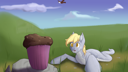 Size: 3840x2160 | Tagged: safe, artist:dvfrost, derpy hooves, bird, eagle, lamia, original species, snake, snake pony, g4, cloud, comic, commission, cute, drool, duo, female, field, flying, food, grass, high res, hungry, imminent abuse, imminent vore, lamiafied, looking at something, muffin, outdoors, predator, rock, sky, slit pupils, snerpy, species swap, splotches, spread wings, tail, this will not end well, tongue out, wings