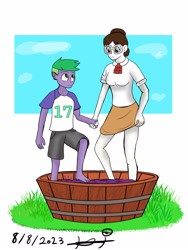 Size: 1200x1600 | Tagged: safe, artist:helsaabi, raven, spike, dragon, human, unicorn, equestria girls, g4, alcohol, clothes, cute, duo, equestria girls-ified, feet, female, food, glasses, grapes, hair bun, height difference, holding hands, human spike, humanized, legs, looking at someone, looking down, male, necktie, pressing grapes, ravenbetes, request, secretary, ship:ravenspike, shipping, shirt, shorts, skirt, skirt lift, spikabetes, straight, t-shirt, wine, wine making