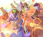 Size: 2380x2100 | Tagged: safe, artist:valkiria, oc, oc:bluey, oc:neon lights, oc:weo, cat, changeling, earth pony, pegasus, pony, boat, clothes, commission, gloves, glowing, glowing horn, gun, high res, horn, magic, male, map, pirate, sword, telekinesis, water, weapon