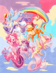 Size: 927x1200 | Tagged: safe, artist:fleebites, applejack, fluttershy, pinkie pie, rainbow dash, rarity, twilight sparkle, earth pony, pegasus, pony, unicorn, g4, applejack's hat, colorful, cowboy hat, ears back, eyes closed, female, floppy ears, flying, group, hat, horn, impossibly long tail, mane six, mare, open mouth, open smile, rainbow trail, sextet, signature, smiling, spread wings, tail, unicorn twilight, wings