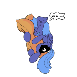 Size: 3508x3508 | Tagged: safe, artist:ponny, princess luna, alicorn, pony, g4, colored, drool, female, filly, foal, high res, hug, onomatopoeia, pillow, pillow hug, simple background, sleeping, solo, sound effects, speech bubble, text, white background, woona, younger, zzz