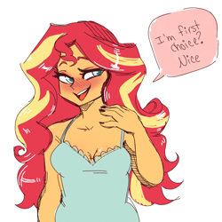 Size: 2500x2500 | Tagged: safe, artist:currentlytr_ash, sunset shimmer, human, equestria girls, g4, blushing, breasts, cleavage, dialogue, female, high res, reasonably sized breasts, simple background, solo, speech bubble, talking to viewer, white background