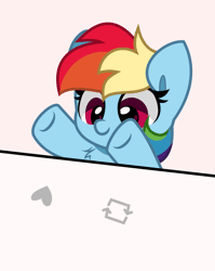 Size: 954x1200 | Tagged: source needed, safe, artist:dematrix, artist:kittyrosie, artist:php178, editor:dematrix-edit, editor:php178, rainbow dash, pegasus, pony, g4, animated, blush sticker, blushing, chest fluff, cute, cute face, cute smile, cuteness overload, daaaaaaaaaaaw, dashabetes, eyes closed, female, floating heart, gif, heart, like, mare, meta, multicolored hair, multicolored mane, multicolored tail, open mouth, rainbow hair, rainbow tail, raised hoof, reaction, remake, remastered, simple background, tail, twitter, upsies, vector, vector trace, white background