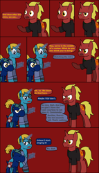Size: 792x1383 | Tagged: safe, artist:j-yoshi64, oc, oc only, oc:firebrand, oc:j-pony64, earth pony, human, hybrid, pony, unicorn, yoshi, comic:taking a self-insert too seriously, analysis bronies, blonde hair, blue coat, cellphone, comic, dialogue, earbuds, green mane, human in equestria, levitation, magic, male, phone, ponified, red coat, reference to another series, self insert, smartphone, speech bubble, stallion, telekinesis, text